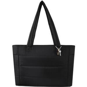 Tote Quilted Puffer with Front Pocket and Luggage Strap Black